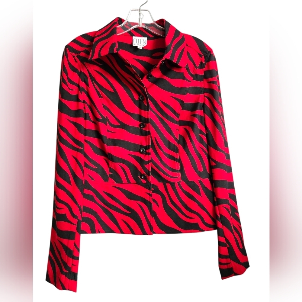 Ellen & Company Red and Black Zebra Print Long Sleeve Button Down Shirt.  Medium
